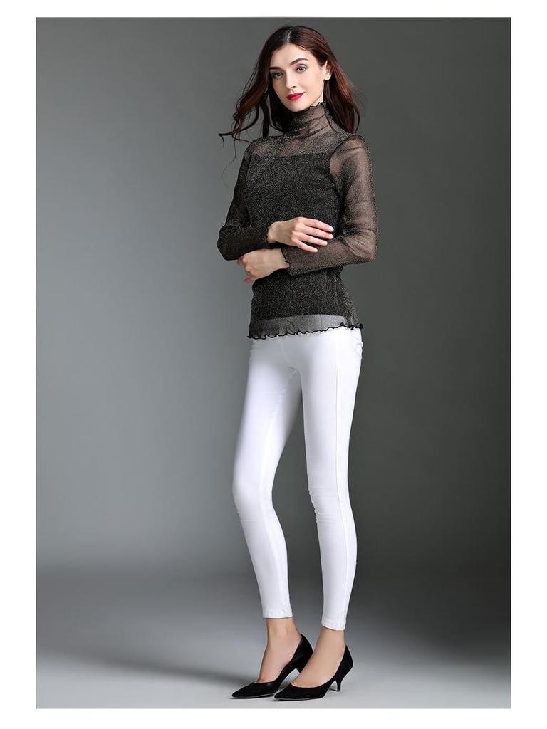 2024 Damen High-Neck Patchwork Mesh Top mit Gold- & Silberfäden - Vielseitige Langarm See-Through Basisschicht