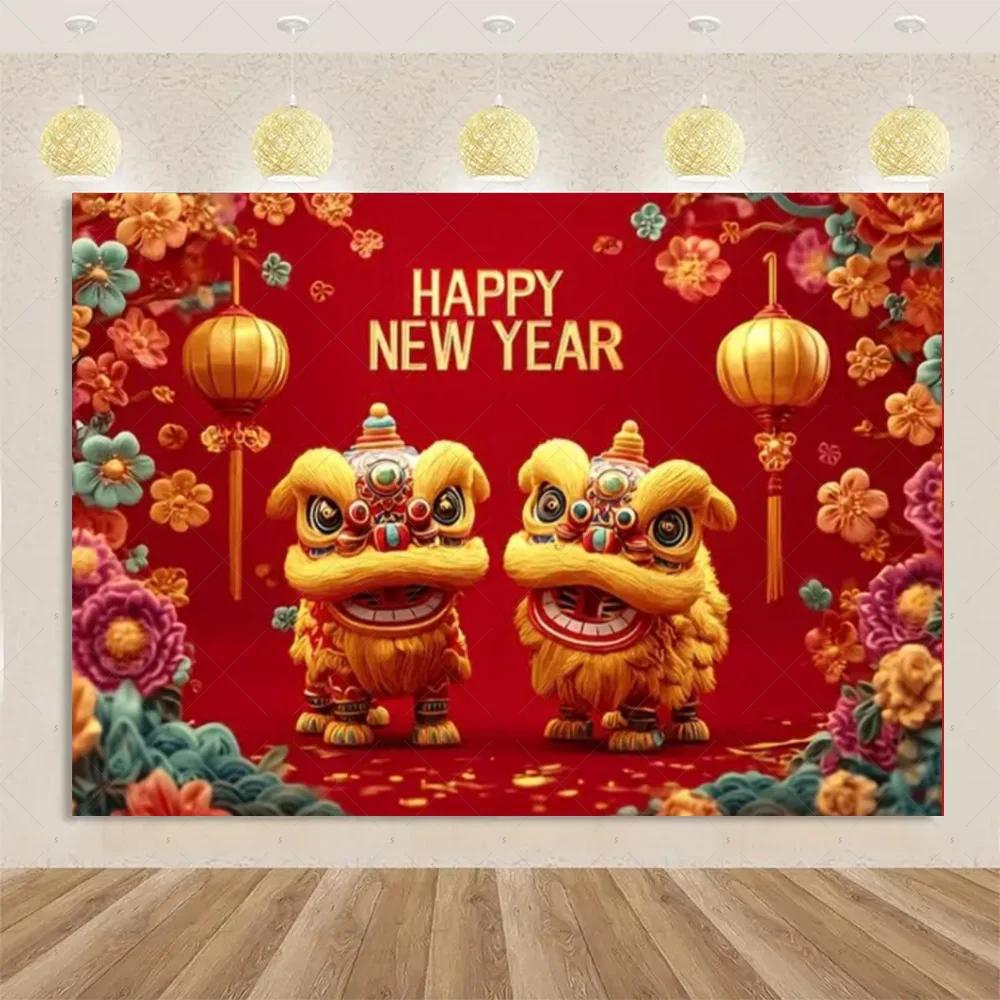 VIKAMA 2026 Spring Festival Backdrop Year Of The Horse Golden Lion Dance Theme Spring Festival Party Decorations