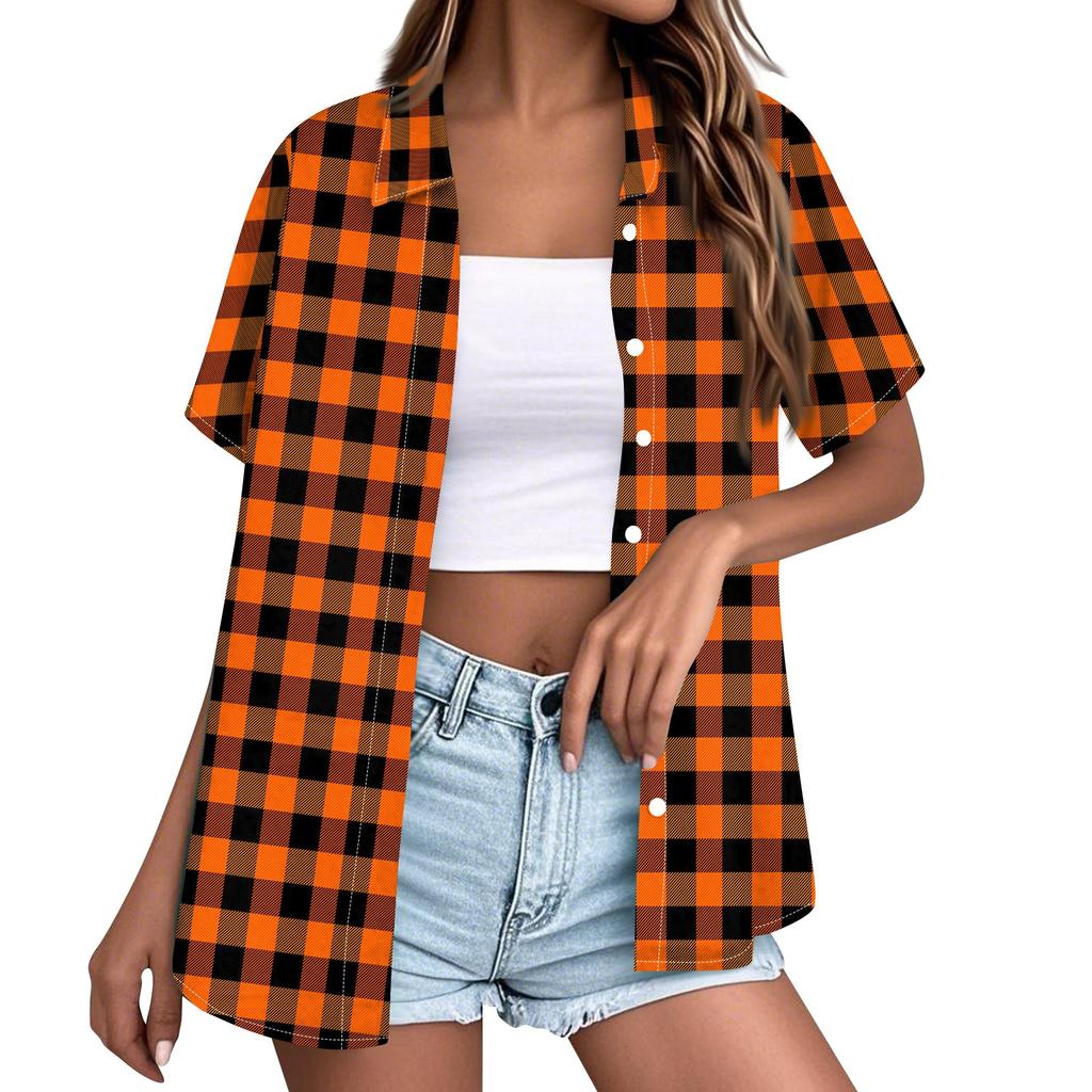 Women Casual Loose Short Sleeve Button Down Shirt Collar Plaid Checkered Blouse Summer Top Lightweight Breathable Fabric