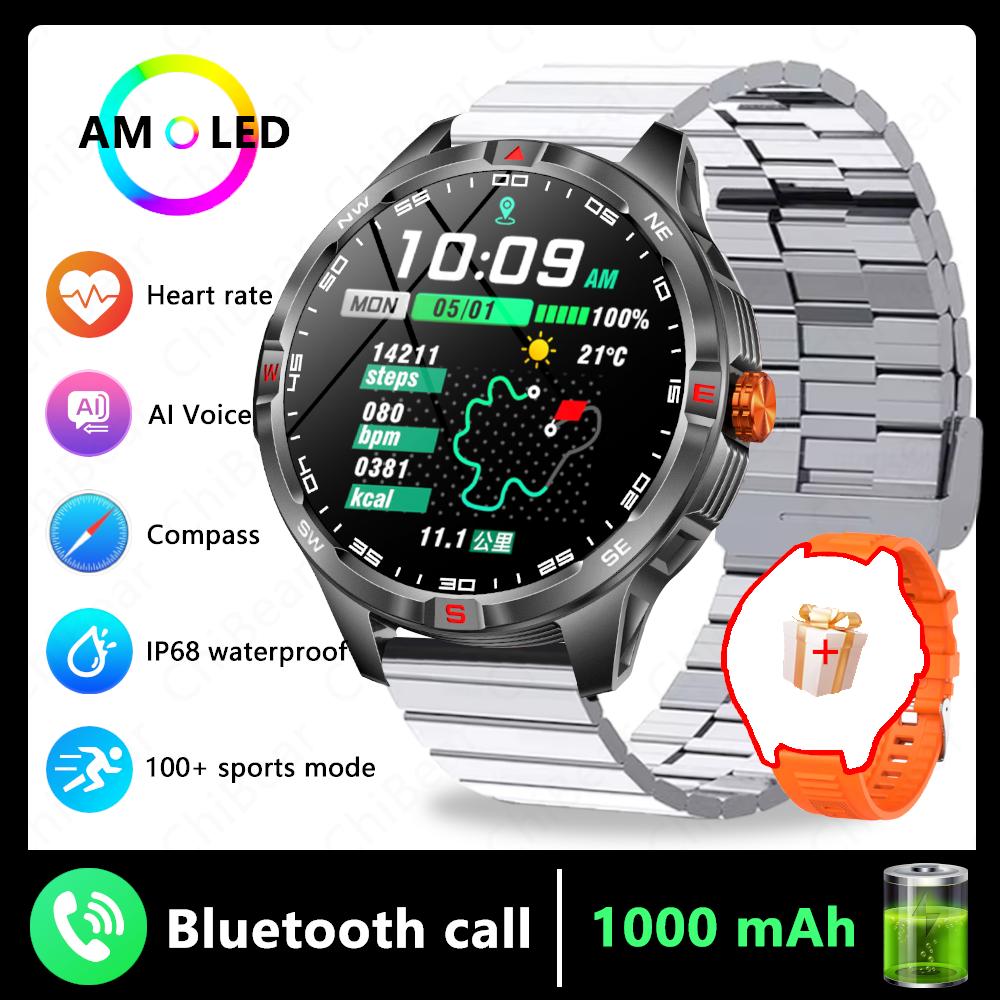 Sports Smart Watch Men Compass 1000mAh Large Battery Bluetooth Call 1.46 Inch Health Monitoring Waterproof Smartwatch  New