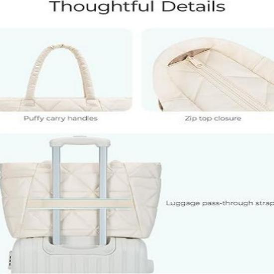 Women's Lightweight Puffy Zipper Large Quilted Shoulder Bag with Travel Compartment