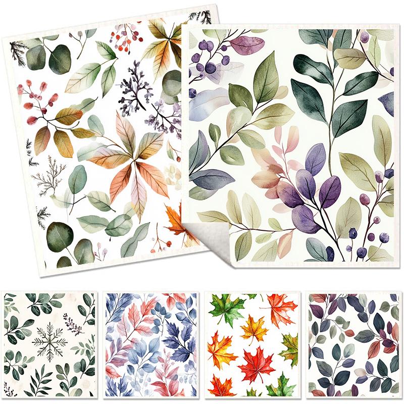 6PCS Leaves Flowers Print Swedish Dishcloths Eco-Friendly Kitchen Rags Absorbent Dish Towels Reusable Washable Cleaning Cloths