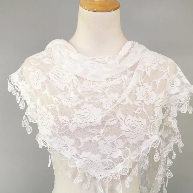 Sciarpa Triangolare con Pizzo Monocolore e Frange per Donna, Velo, Colore Puro, Fiore, Hijab da Preghiera 160*80cm