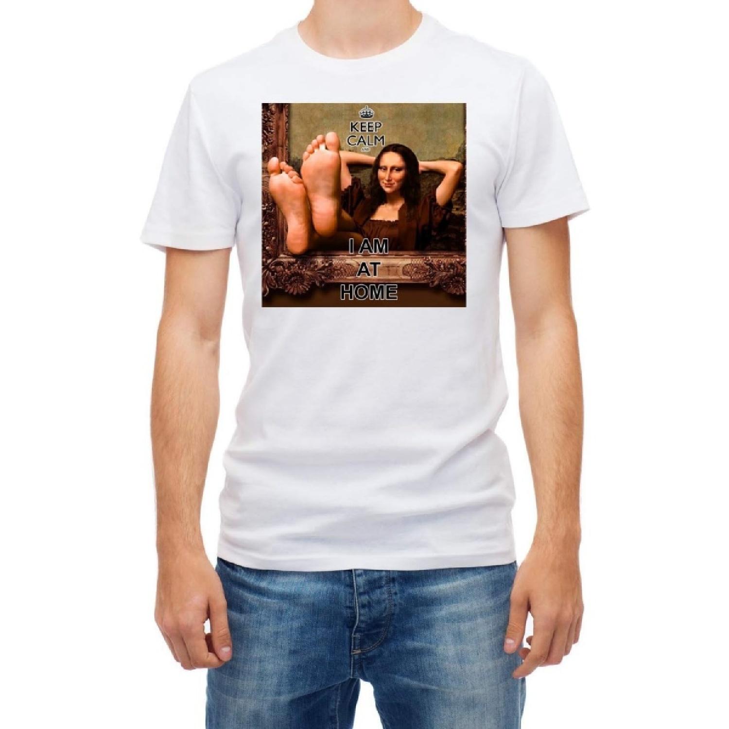 Keep Clam and I am at Home Mona Lisa Funny for Men Short Sleeve White T-Shirt S