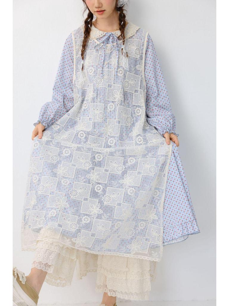Sweet Mori Girl Embroidered Layered Vest Dress