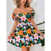 Women Floral Print Mini Dress Square Neck Puff Sleeve Waist Casual Elegant Summer Party Dress