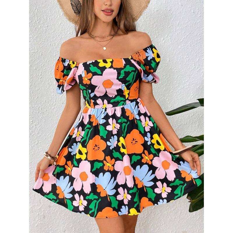 Women Floral Print Mini Dress Square Neck Puff Sleeve Waist Casual Elegant Summer Party Dress