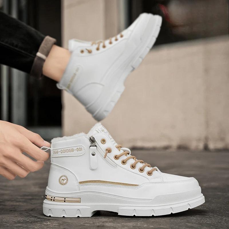 

Зимние мужские теплые ботильоны Модные универсальные белые кожаные туфли Уличные нескользящие кроссовки для мужчин Мотоциклетные зимние ботинки Ботинки 44