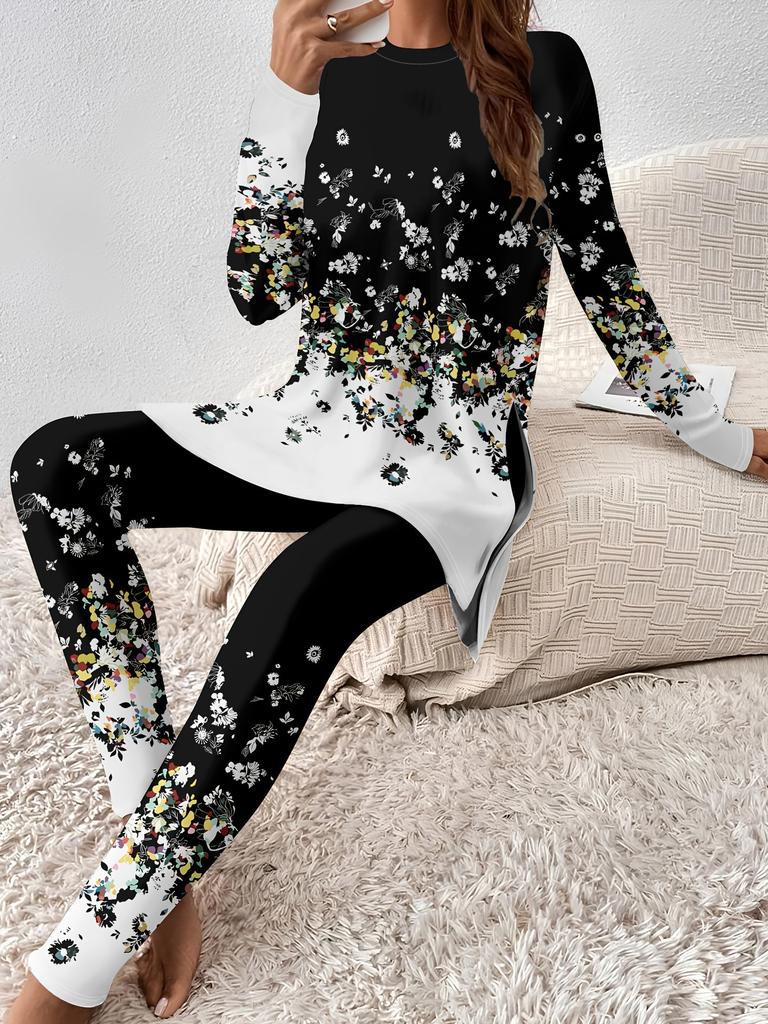 Crew neck long-sleeved set slim-fitting sports retro pattern printed slim-fitting yoga trousers set