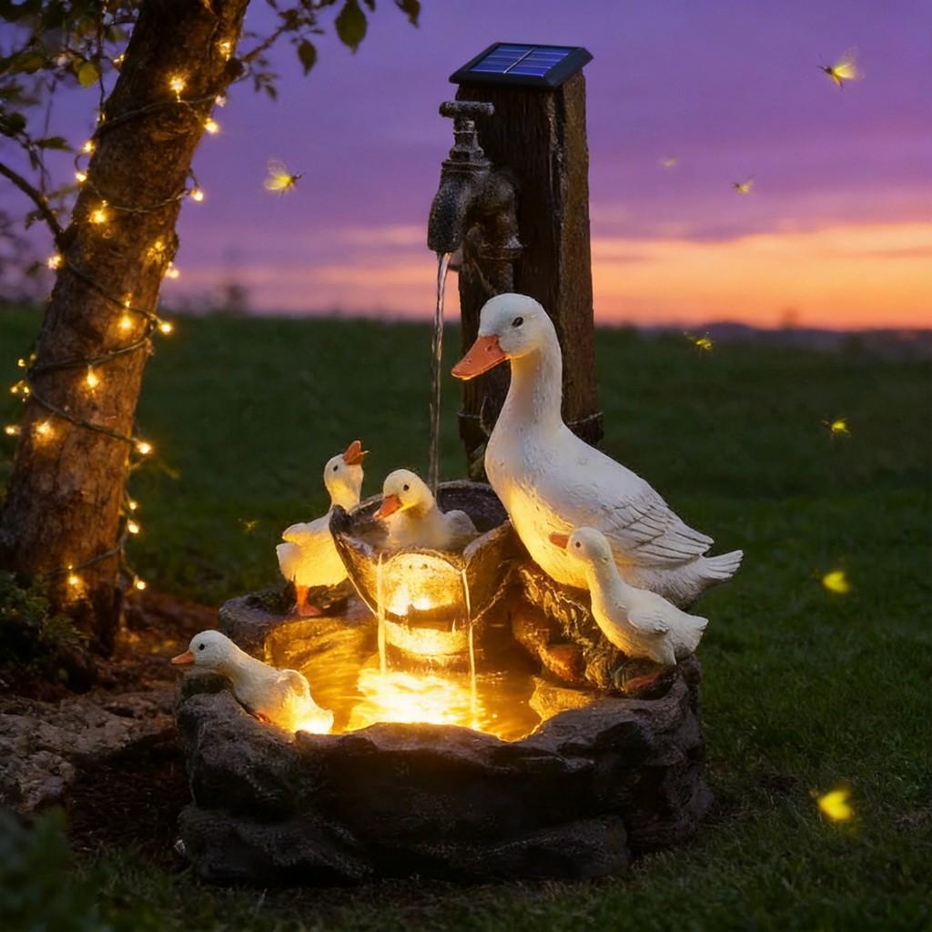 Squirrel And Duck Solar Water Fountain Resin Garden Decor For Patio And Lawn