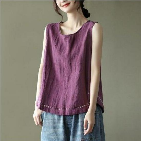 

Хлопково-льняная футболка без рукавов с вышивкой большого размера - Женский повседневный летний топ XL