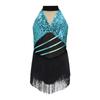 Costume da Ballo Latino da Bambina Brillante con Paillettes, Scollo all'Americana, Senza Maniche, Rete in Vita, Foro sulla Schiena, Body Metallico con Frange