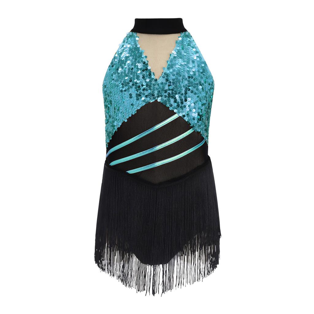 Costume da Ballo Latino da Bambina Brillante con Paillettes, Scollo all'Americana, Senza Maniche, Rete in Vita, Foro sulla Schiena, Body Metallico con Frange