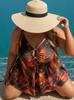 Costume da Bagno Tankini Floreale Taglie Forti Europeo e Americano con Gonna e Pantaloncini da Surf per Donna - Rosso/Nero