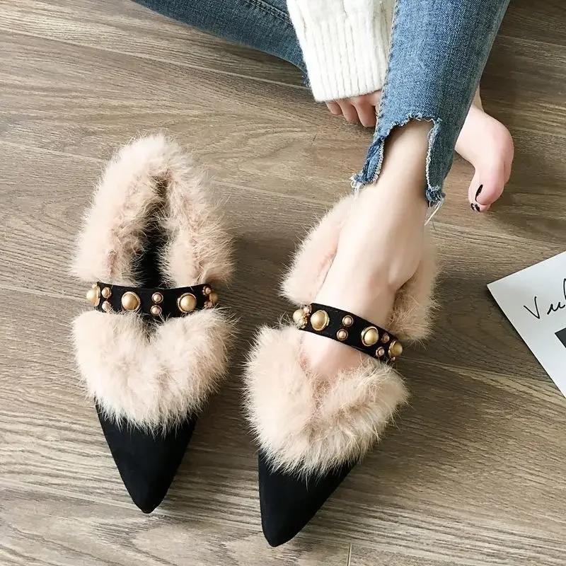 Trendy Fur Shoes Women's Autumn/winter Outerwear 2026 New Style Versatile Pointed Mid Heel Coarse Heel Shoe Hopping Bean Shoes