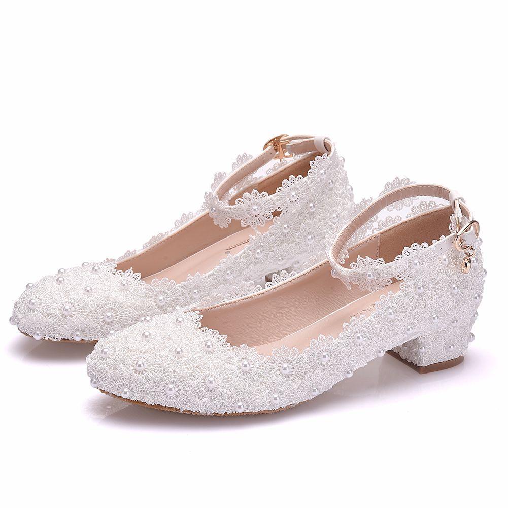 Female Fashion Wedding Shoes Bridesmaid Banquet White Lace Flower Pearl Round Toe Square High Heels Women's Bridal Pumps