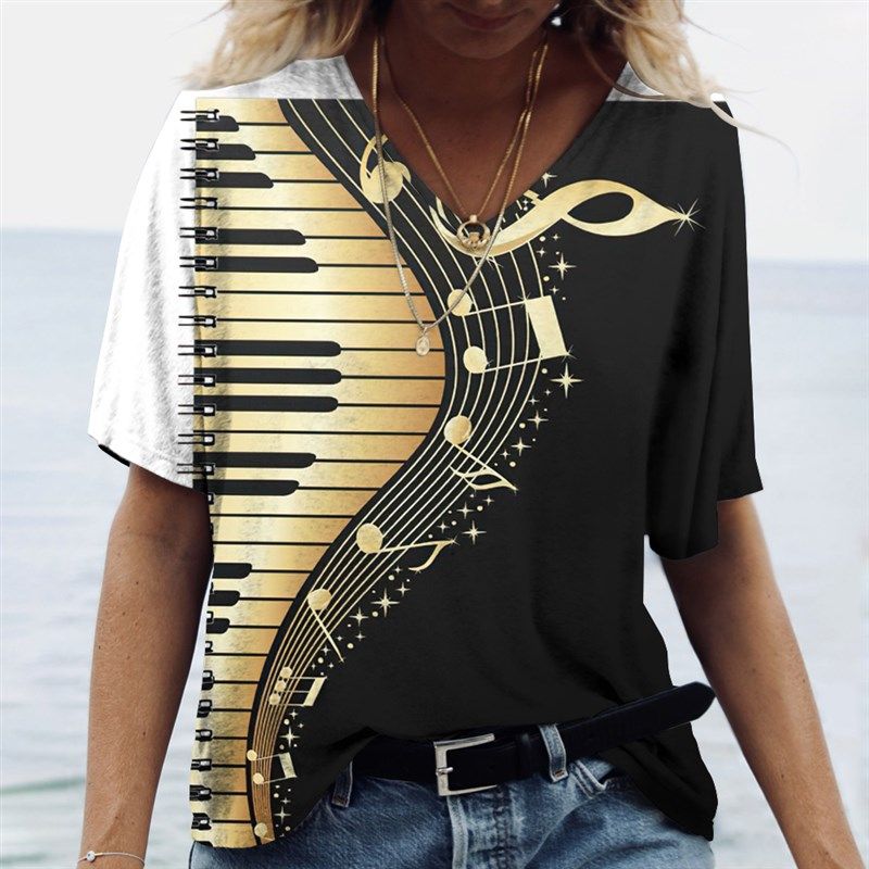 

Music Piano Print Women s T Shirt V-neck Oversized Pullover K01-YX00411 S(S)