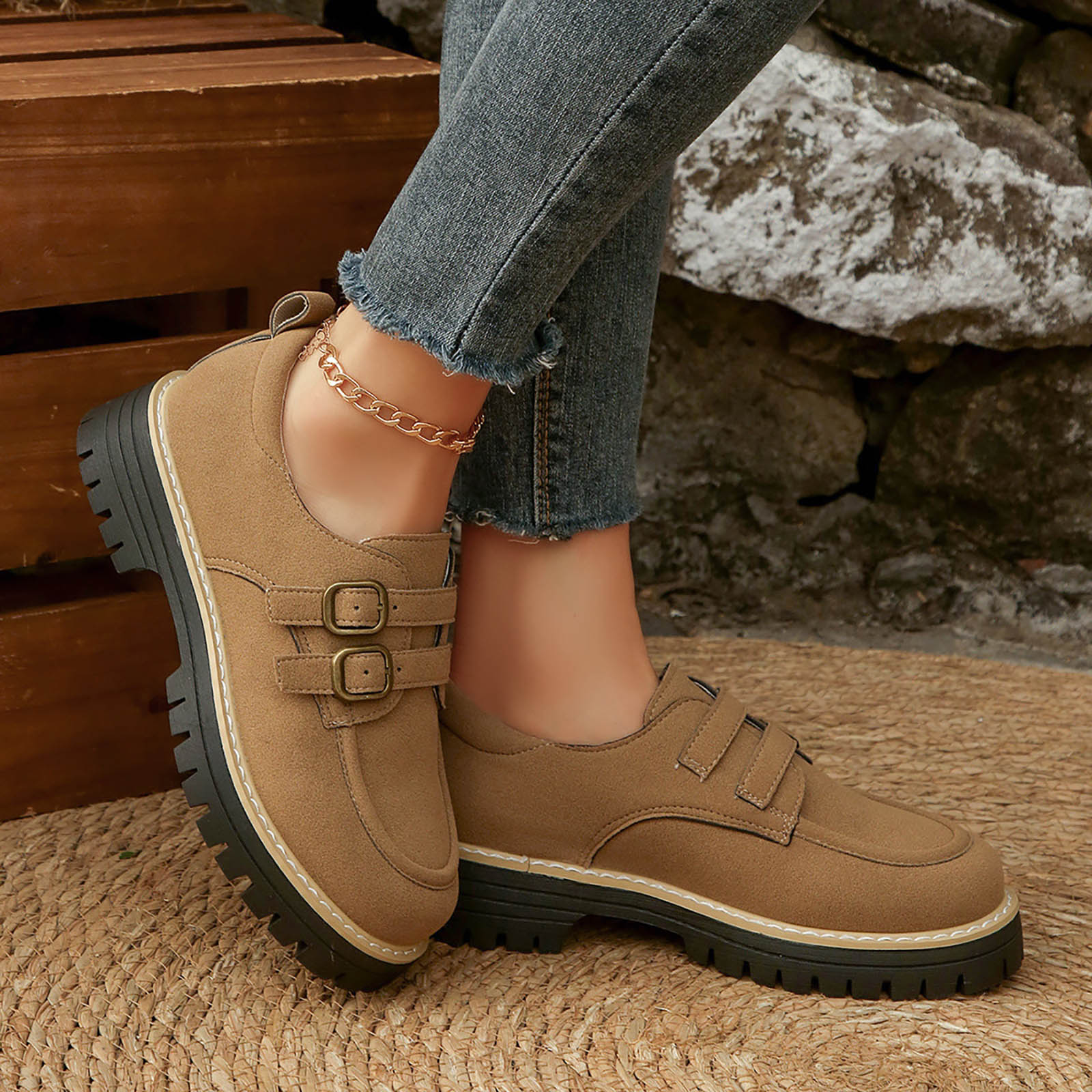 

Women s Fashion Round Toe Square Platform Thick Soled Metal Leather Shoes Deep Mouth Loafers Wedge Booties Women Boots 36 хаки