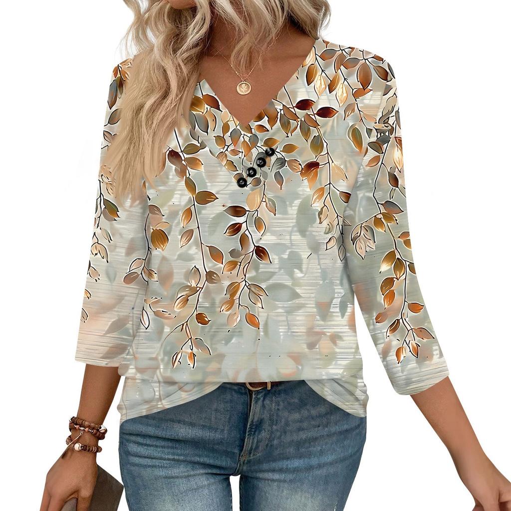 Women's Print Top Button-down V-neck T-shirt 3/4 Sleeve Loose Fashion Top