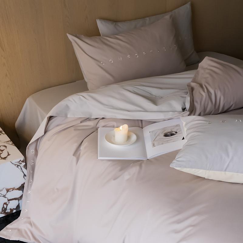 Class A Maternal And Infant Grade Simple Double Spell Light Luxury Abraded Cotton 4Pcs Set Pure Cotton Embroidered Quilt Cover Bed Sheet 3-Piece Set