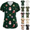 Women's Christmas Print V-Neck Short Sleeve Scrub Top with Pockets Caregiver Uniform