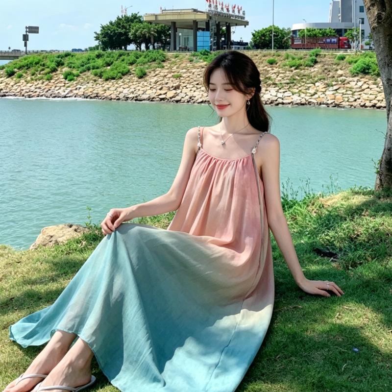 Seaside Vacation Style Stunning Sleeveless Loose Beach Dress, Summer Dopamine Camisole Dress for Women, Super Ethereal Atmosphere