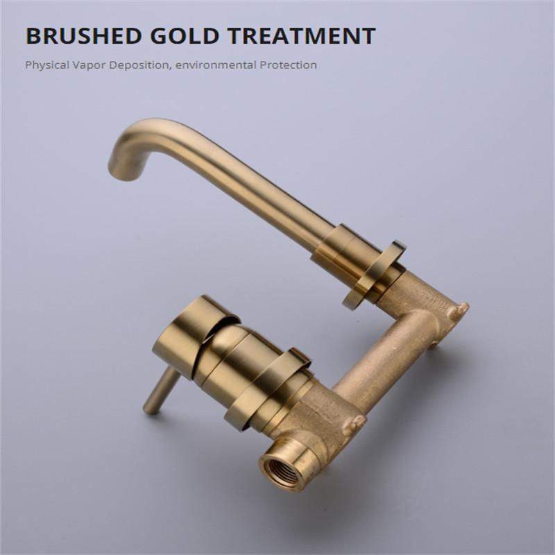 Wall Mounted Kitchen Faucet Bathroom Basin Sink Tap Solid Brass Gold Brushed Hot Cold Mixer Wash Basin Water Swivel Spout Faucet