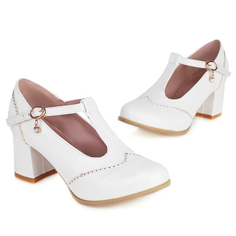 Elegant White Black Block High Heel Women Pumps Mary Janes Shoes Large size 48 Party Office Wedding Dress Shoes Lady Comfortable