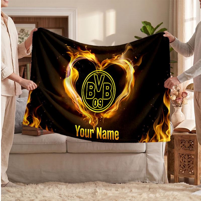 Coperta in Pile Personalizzata Borussia Dortmund con Logo Calcio, Testo Nome Personalizzato Morbida Calda Coperta da Divano per la Casa