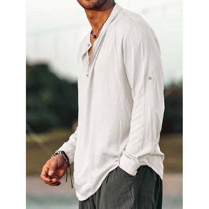 Nouvelle Chemise Décontractée Semi-Ouverte pour Homme, Chemise Simple Multicolore en Coton et Lin, Manches Tendance Col Rond, Chemise à Manches Longues