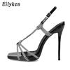 Silver Bling Rhinestone Crystal Women Sandals Sexy Open Toe Buckle Strap Thin Heels Dress Party Shoes Zapato De Mujer