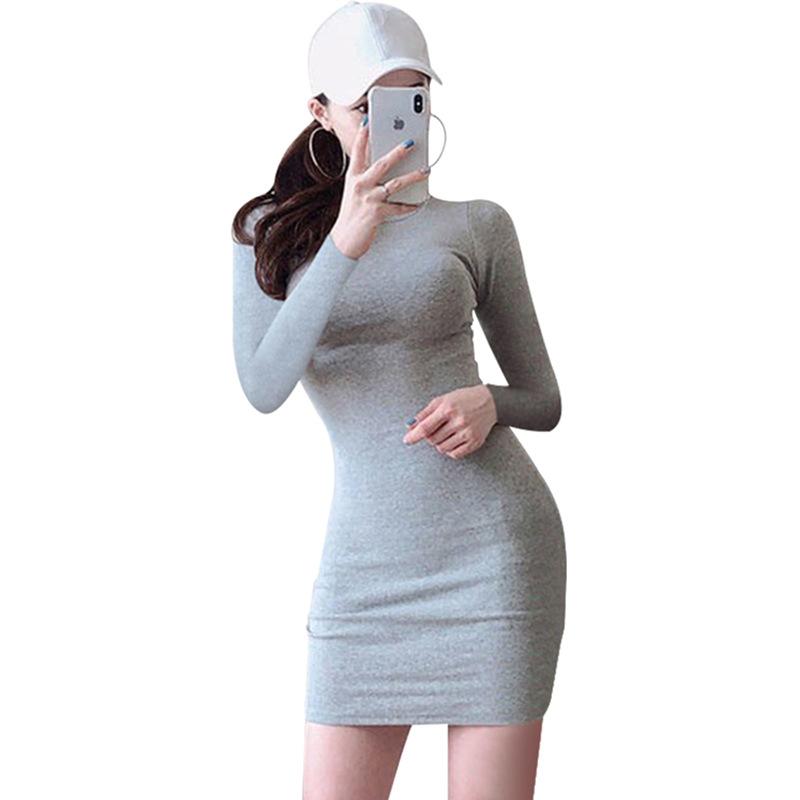 Early autumn new slim-fitting and thin hip-wrapping sexy long-sleeved dress women's solid color tight temperament bottoming short skirt