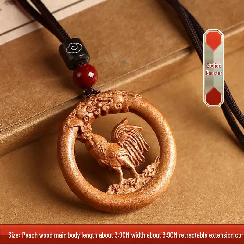 Peach Wood Zodiac Keychains: Year of the Dragon Pendant with Rat, Ox, Tiger Carvings - Carry-on Ornament Gift