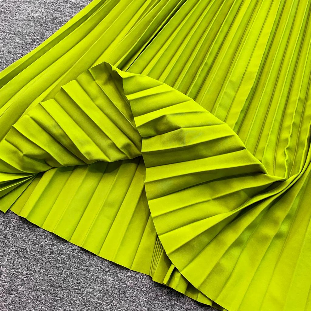 Elegant Beaded Embroidery Oversize Pleated Dress Women Summer Gradient Pink Green V Neck Ruffle Belt High Elastic Midi Dress
