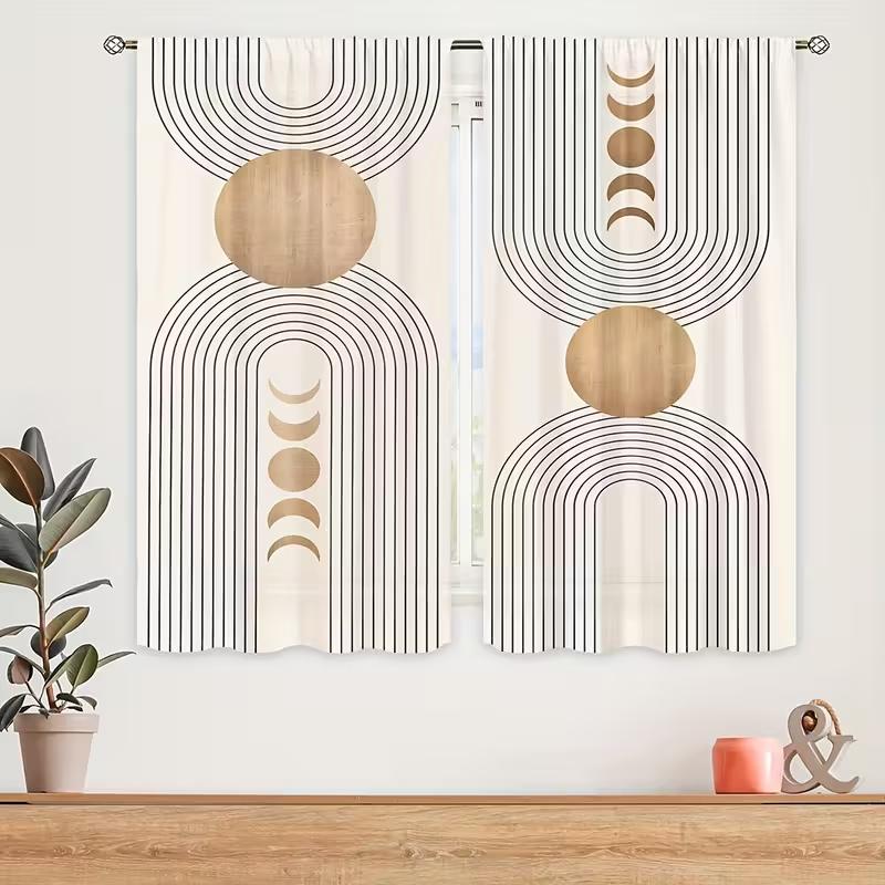 2pcs Boho Geometric Moon Phase Pattern Curtains, Designed for Light Blocking, Premium Material, Suitable for Living Room, Bedroo