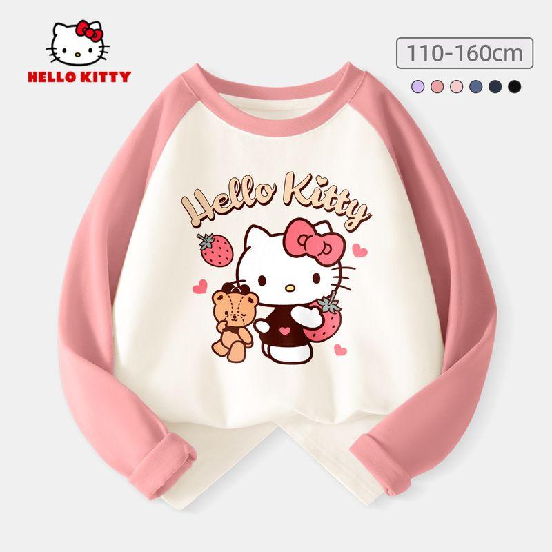 Hello Kitty Girls' Base Layer Shirt Spring 2024 New Children's Long-Sleeved T-Shirt Black Fashionable Stylish Top