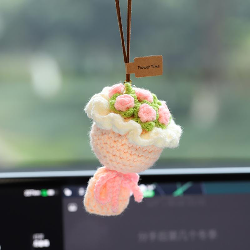 Woolen Rose Car Air Freshener Pendant - Rearview Mirror Ornament for Girls' Car Interior Decoration