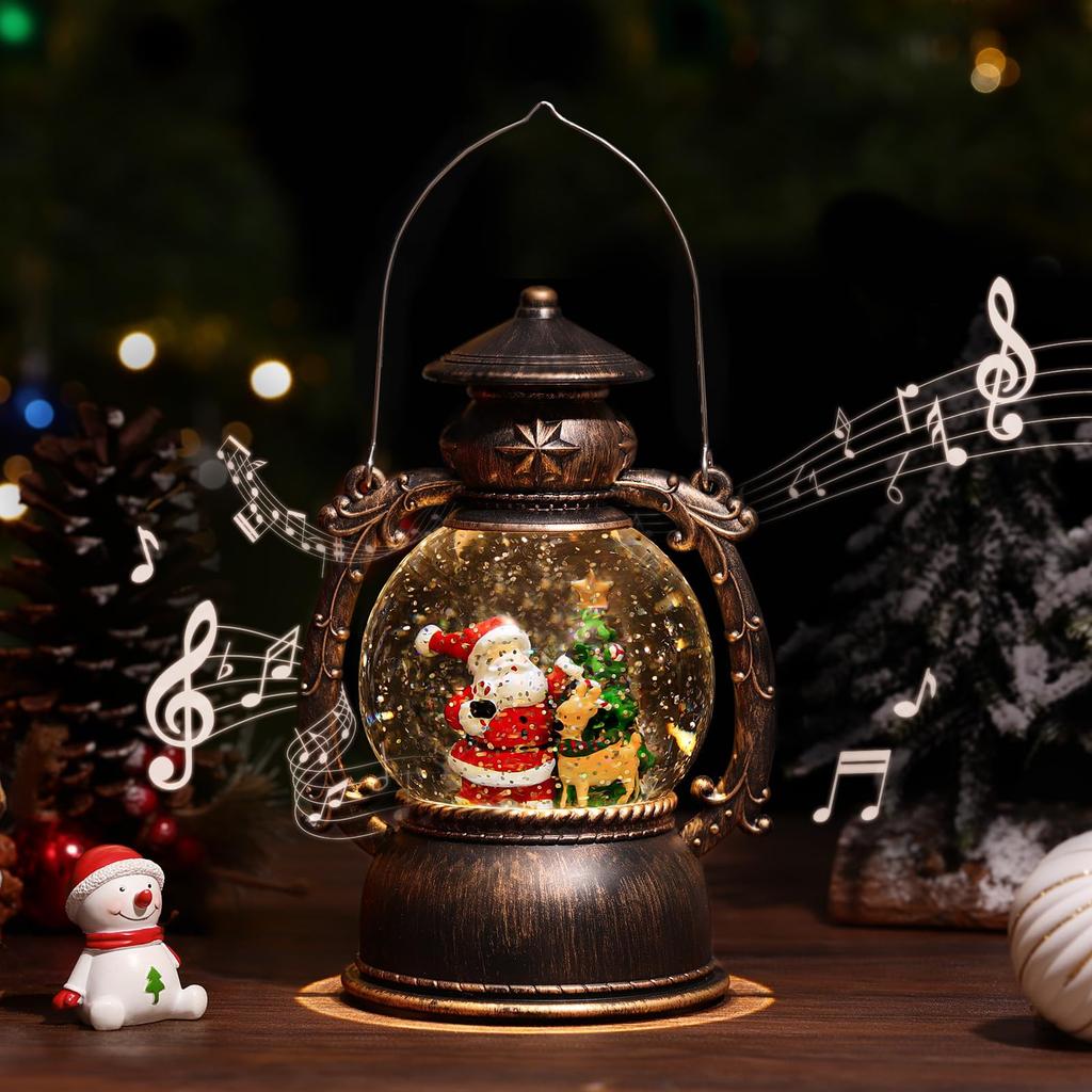 Lewondr Christmas Snow Globe with LED 8 Automatic Christmas Music Christmas Santa and Bronze Lights, Songs, Loop, 6-Hour Timer, Ornament,