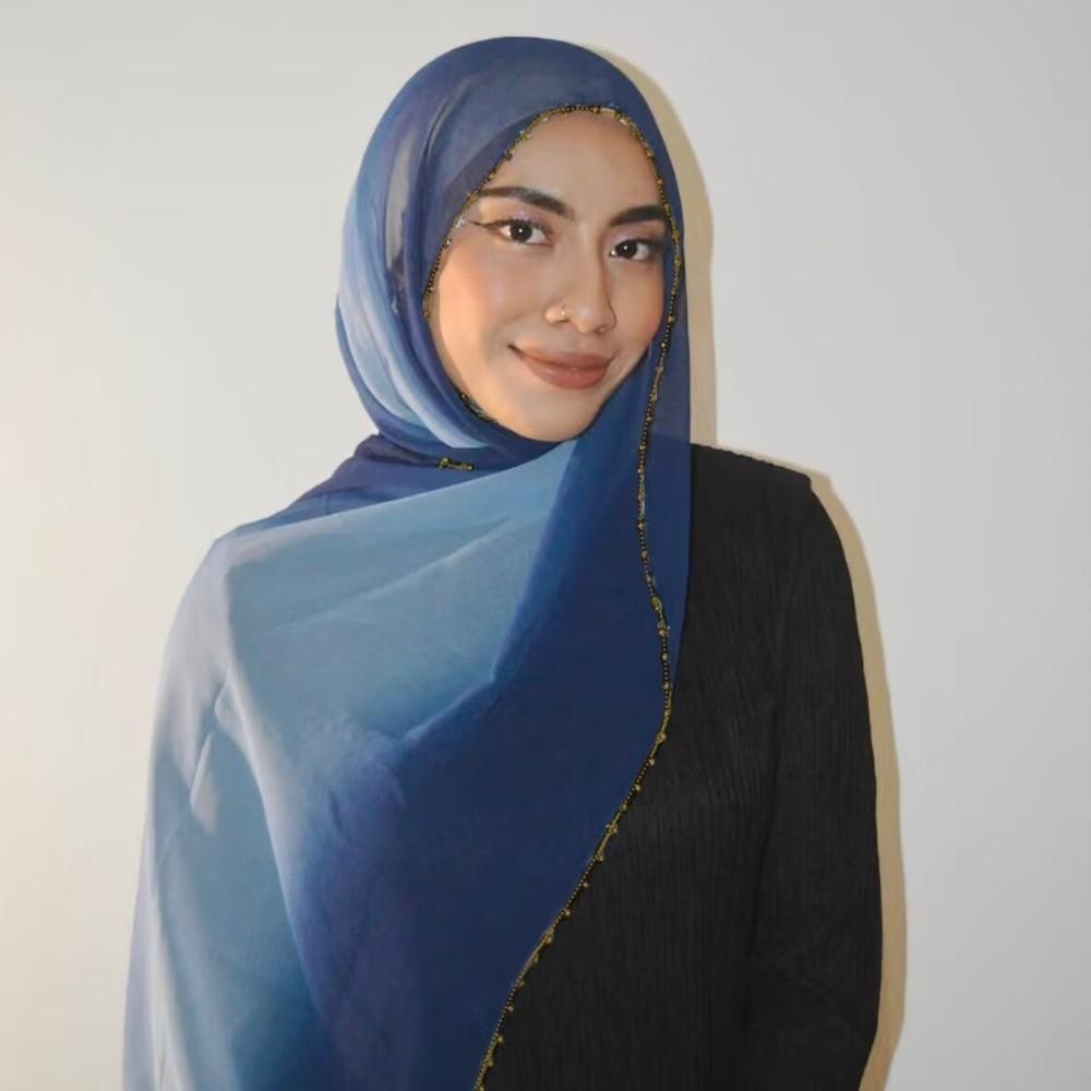 Gradient Double Colors Ethnic Style Scarf Gold Bead Islamic Turban Luxury Wraps Shawl  Women