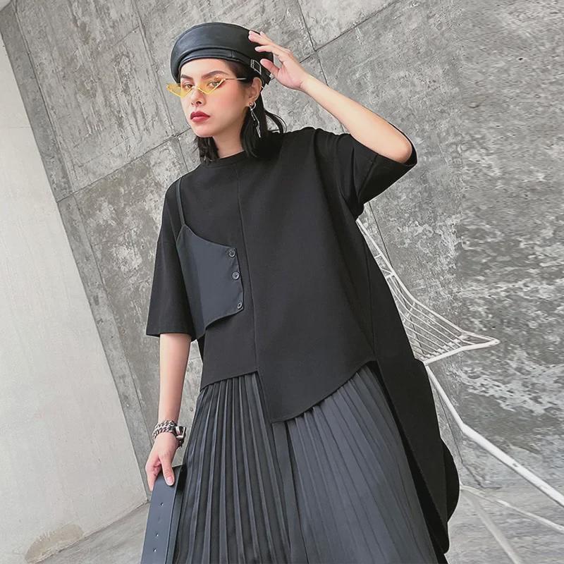 Women's Japanese Dark Style Two-Piece Set: Irregular Short Sleeve Top & Pleated Midi Skirt.