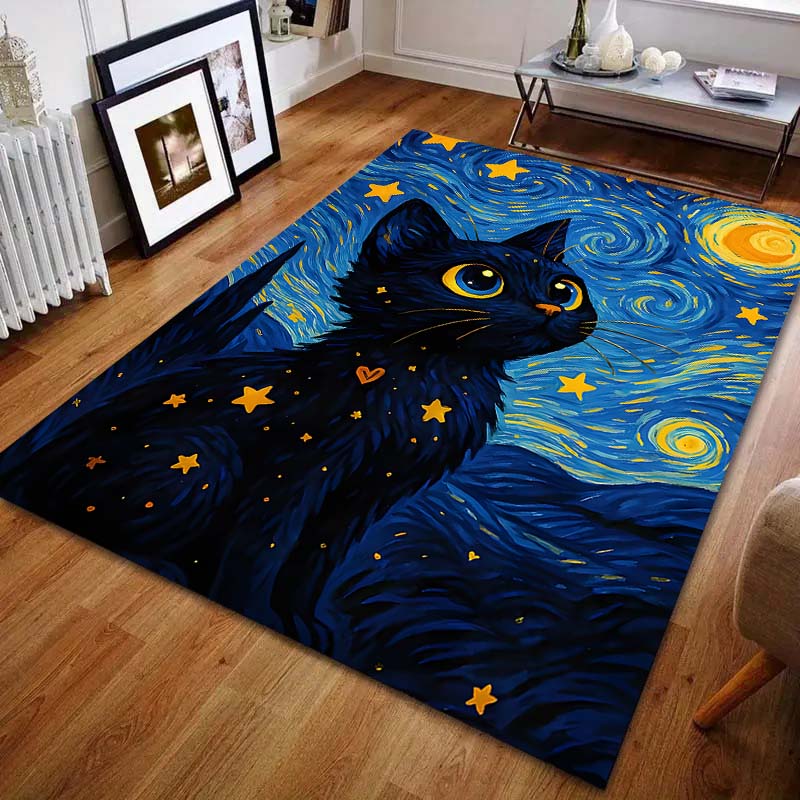 1PC Black Cat In Starry Night Carpet for Living Room Bedroom Sofa Home Decor Rus Non-slip Floor Mat Luxury Gift