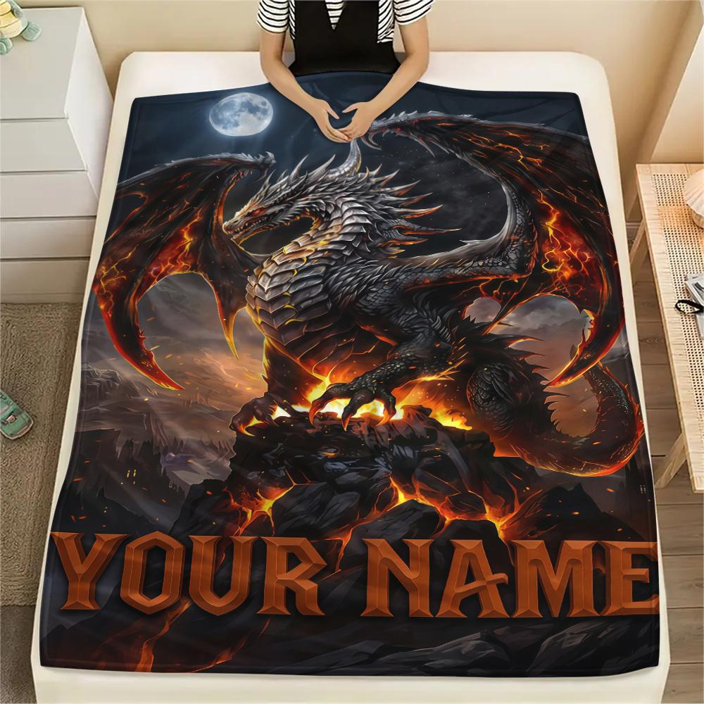 1PC Custom Name Dragons Fiery Majesty Patterned Flannel Blanket Suitable For All Seasons for Home Decor Warmth and Comfort Gifts Holiday Present_lx