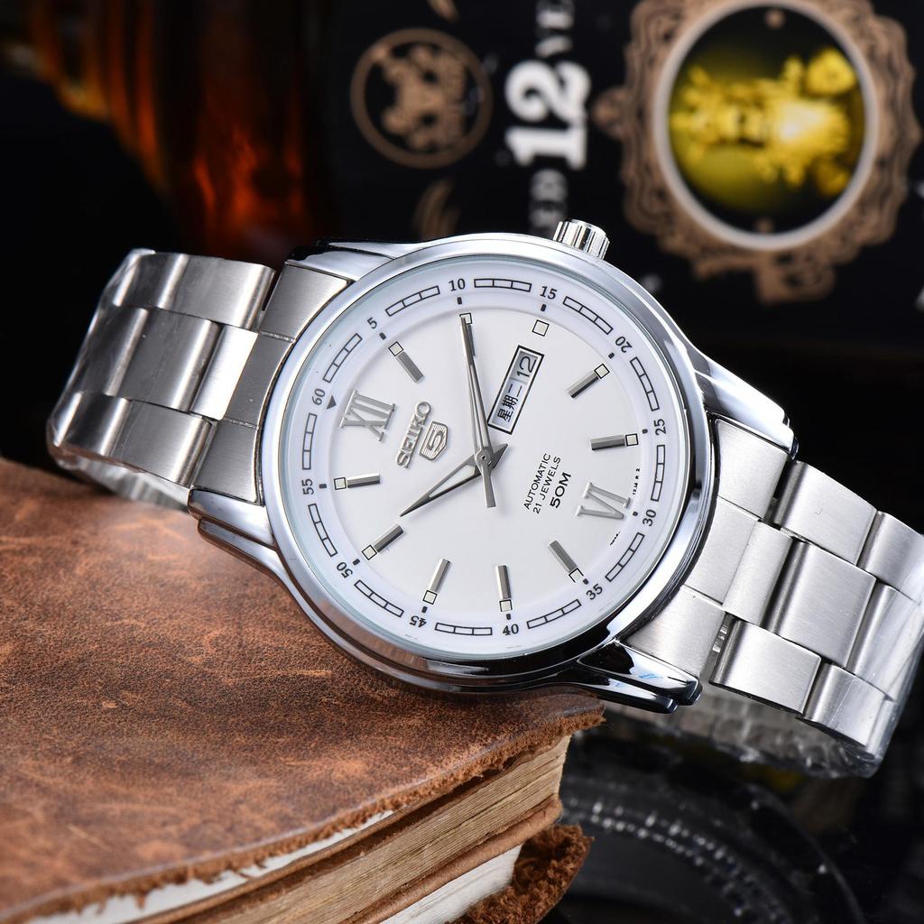 SEIKO 5 Men Automatic Mechanical Watch Black Dial Stainless Steel Band Week Date 50M Waterproof Business Wristwatch