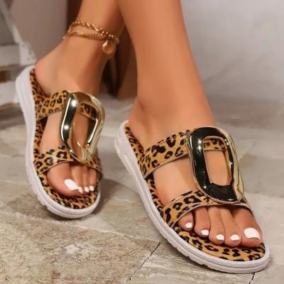 Damenschuhe 2024 Sommer Hohe Qualität Zehenfrei Damen Hausschuhe Modische Leopardenfarbe Metalldekoration Flache Strandschuhe