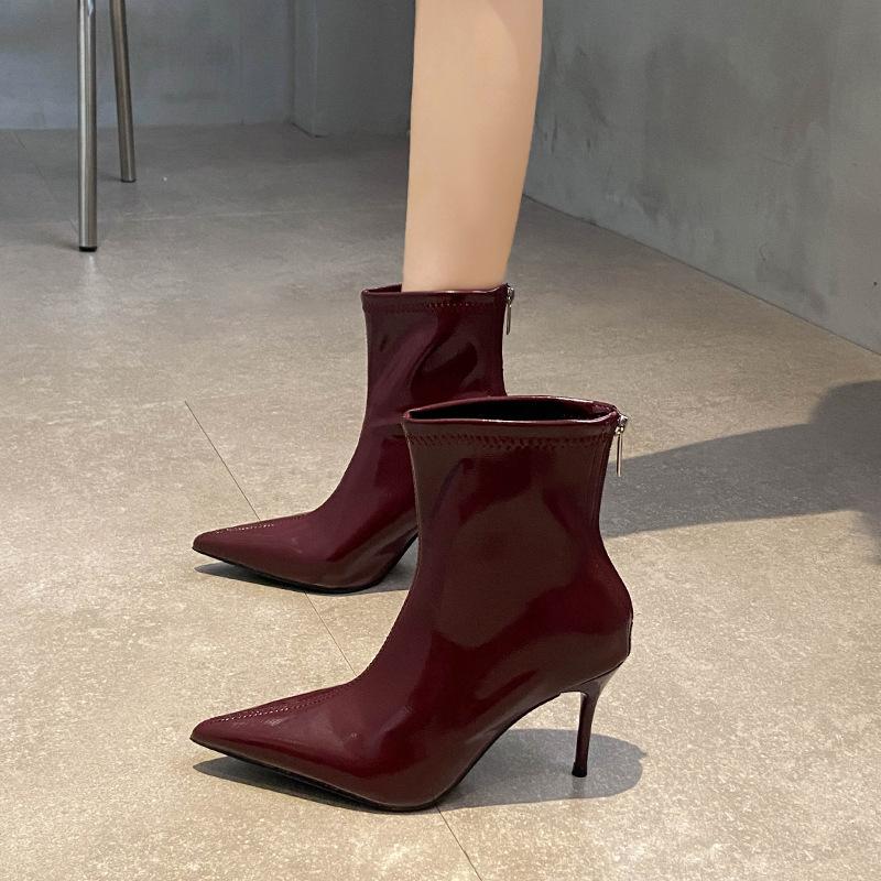 Wind pointed high heel patent leather glossy belt buckle high tube but knee boots knight boots women's Martin boots