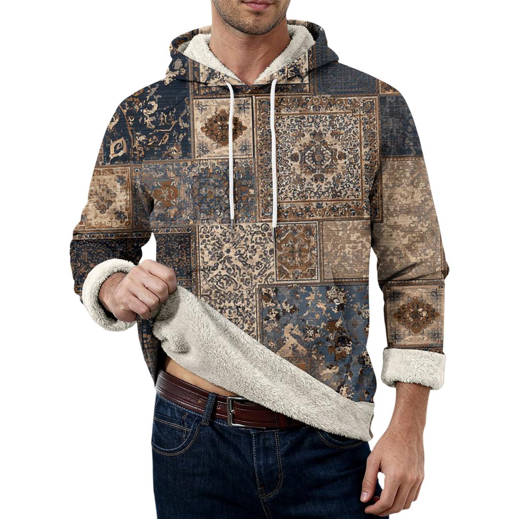 Herr långärmad fleecehuvtröja med fickor, casual