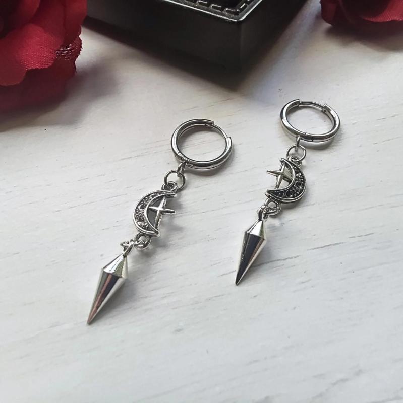 Gothic Spikes Earrings with Moon and Star Pendant Comfortable Ear Hoops Stylish Punk Accessories for Women Man