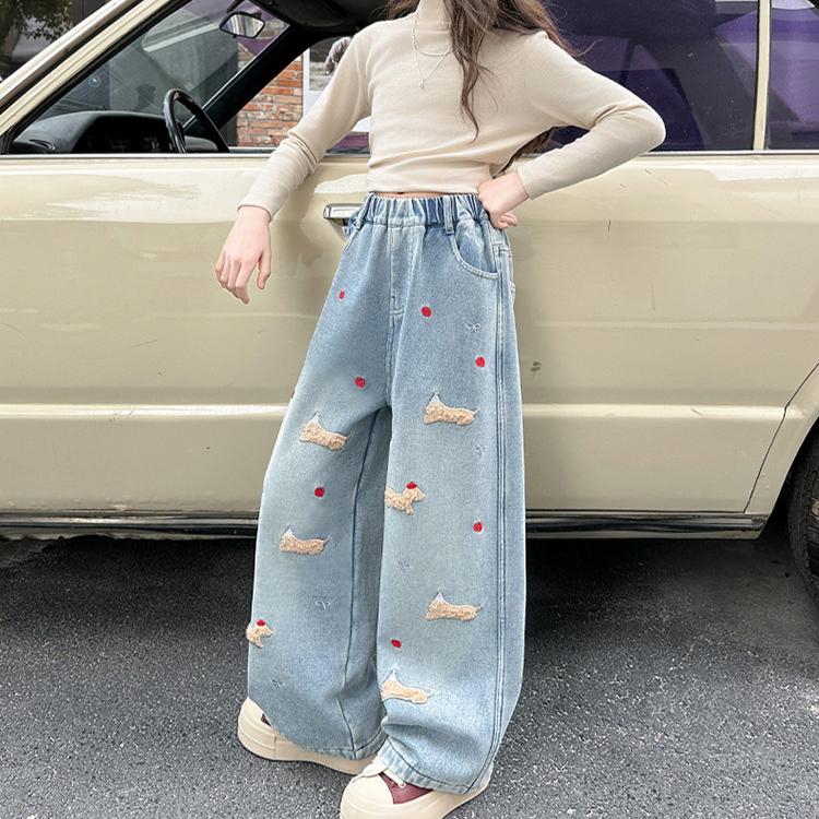 Girls' Straight Leg Pants Cartoon Towel Embroidered Jeans Children's Spring and Autumn Wide Leg Pants