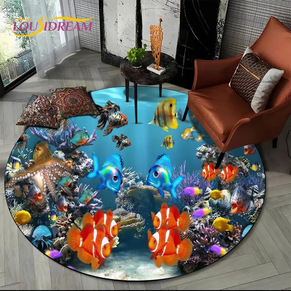 Unterwasserwelt Runder Bereichsteppich–Delfin & Schildkröte Ozean Teppich für Wohnzimmer oder Schlafzimmer–Rutschfeste Bodenmatte, Kinder Spielzimmer Deko