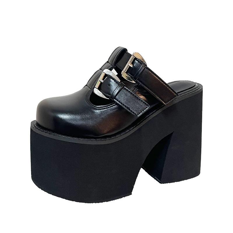 Fashion 11cm Block Heels Shoes Black Close Toe Slippers Punk Buckle Platform Chunky Heeled Sandals Summer Women Leisure Sandalias Mujer
